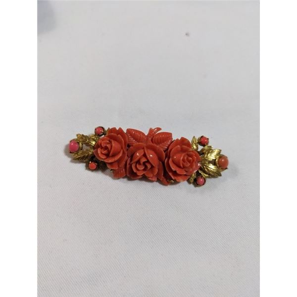 ANTIQUE EARLY 1900 CARVED PINK CELLULOID BROOCH