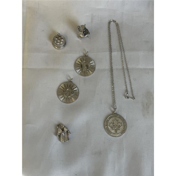 6 STERLING SILVER 925 PENDANTS AND 16" STERLING CHAIN