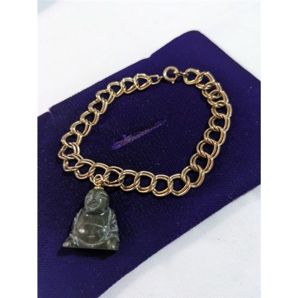 GOLD FILLED DOUBLE LINKS BRACELET W/ ONE CARVED GREEN JADE (NEPHRITE) STONE BHUDDA CHARM MARKED 1/20
