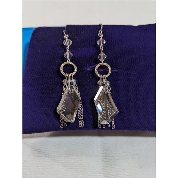 PAIR OF STERLING SILVER W/ EDGED GLASS STONES DANGLE EARRINGS 2.5" LENGTH EACH MARKED 925