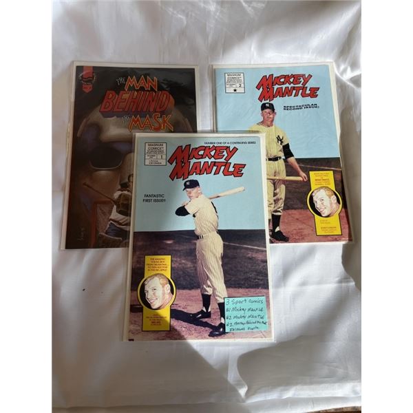 3 SPORTS COMICS #1 MICKEY MANTLE, #2 MICKEY MANTLE, #2 JACQUES PLANTE