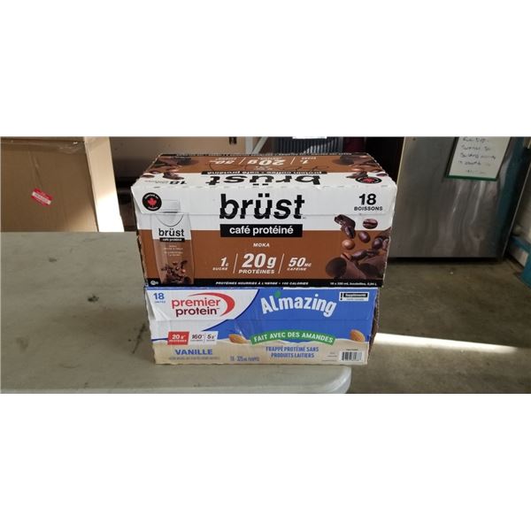 18 PACK BRUST PROTEIN COFFEE DRINKS AND 18 PACK PREMIER PROTEIN VANILLA DRINKS. A FEW MAY BE MISSING
