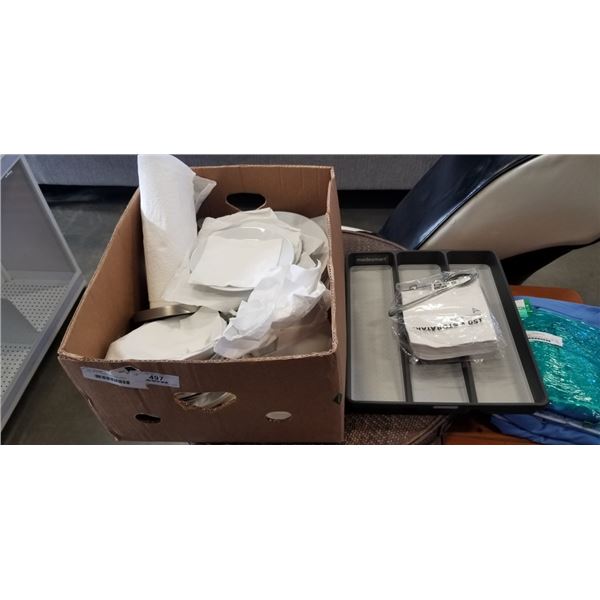 BOX OF KITCHEN ITEMS INCLUDING MADESMART SILVERWARE TRAY, BOWLS, PLATES, PAPERTOWEL, NAPKINS ETC