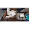 Image 1 : BOX OF KITCHEN ITEMS INCLUDING MADESMART SILVERWARE TRAY, BOWLS, PLATES, PAPERTOWEL, NAPKINS ETC