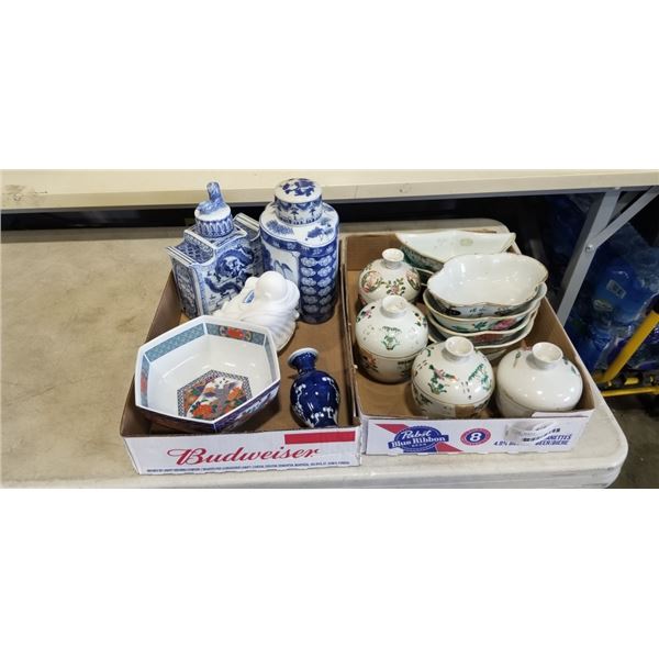2 TRAYS OF ASSORTED EASTERN PORCELAIN SERVING ITEMS AND LIDDED JARS ETC