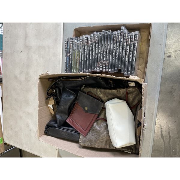 BOX OF NEW DUCK DYNASTY DVD'S AND ASSORTED PURSES AND BAGS
