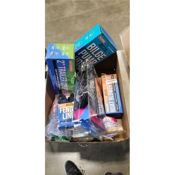 TRAY OF BETTER BOAT ITEMS INCLUDING 2" TRAILER COUPLER, BILGE PUMP HOSE KIT, BUNGEE ANCHOR LINE, FEN
