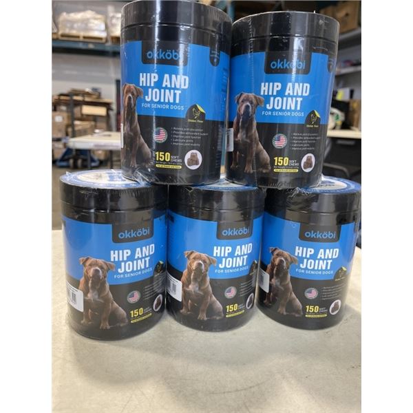 5 TUBS OF OKKOBI HIP & JOINT FOR SENIOR DOGS SOFT CHEWS. 150 SOFT CHEWS PER TUB