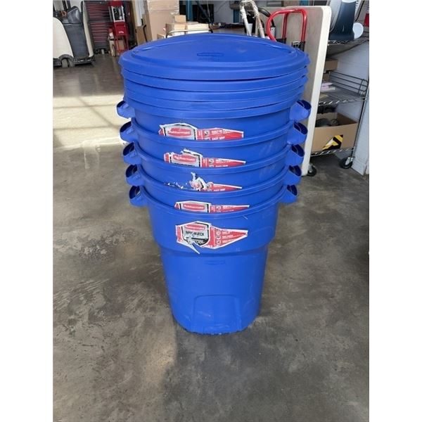 5 NEW RUBBERMAID ROUGHNECK 121 LITRE BLUE GARABGE CANS WITH LIDS