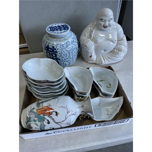 PORCELAIN BUDDHA FIGURE, LIDDED POT AND ASSORTED PORCELAIN SERVING ITEMS