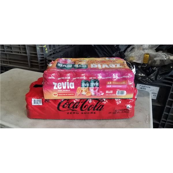 24 PACK ZEVIA SODA  AND 32 PACK COCA COLA ZERO SUGAR. A COUPLE CANS MAY BE MISSING