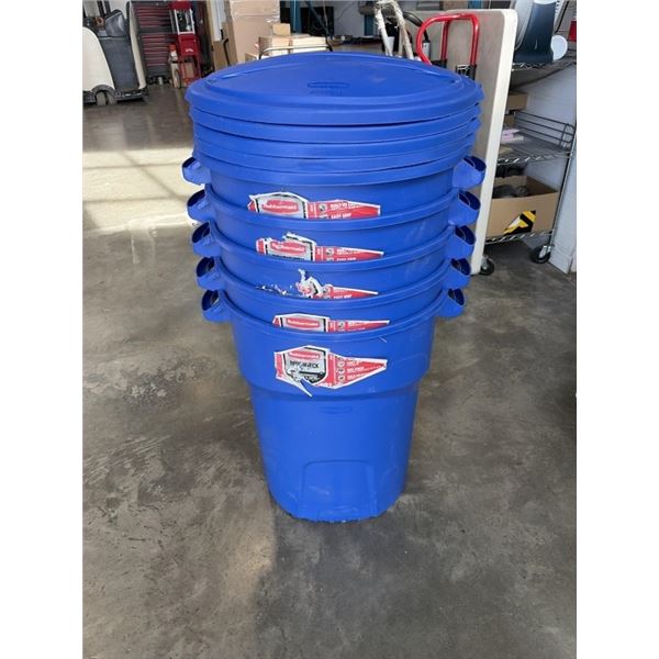 5 NEW RUBBERMAID ROUGHNECK 121 LITRE BLUE GARABGE CANS WITH LIDS