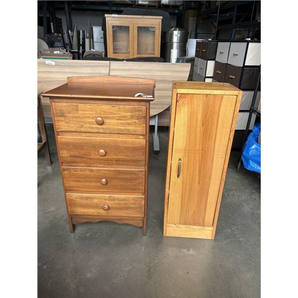 WALNUT SOLID WOOD 4 DRAWER SMALL DRESSER AND PINE SINGLE DOOR CABINET