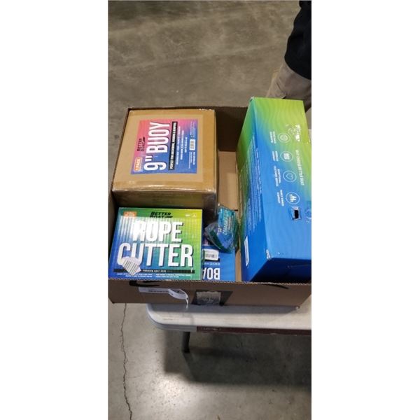 TRAY OF BETTER BOAT ITEMS INCLUDING 9" BUOY, ROPE CUTTING GUN, CLAMP ON SWIVEL BOAT SEAT, BOAT SHACK