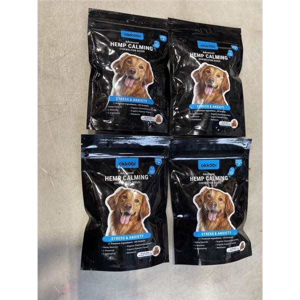 4 OKKOBI HEMP CALMING CHEW PACKS FOR DOGS. 60 SOFT CHEWS PER PACK