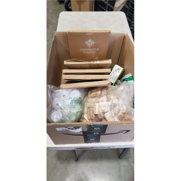BOX OF AMAZON STOCK INCLUDING ZENO SHOWER CURTAINS, DISPOSABLE PONCHOS, WINE CORKS, SEA SHELL, PLAST