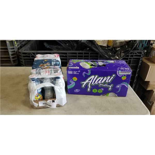 18 PACK ALANI NU ENERGY DRINKS AND 18 PACK DYMATIZE HIGH PROTEIN SHAKES. A COUPLE MAY BE MISSING