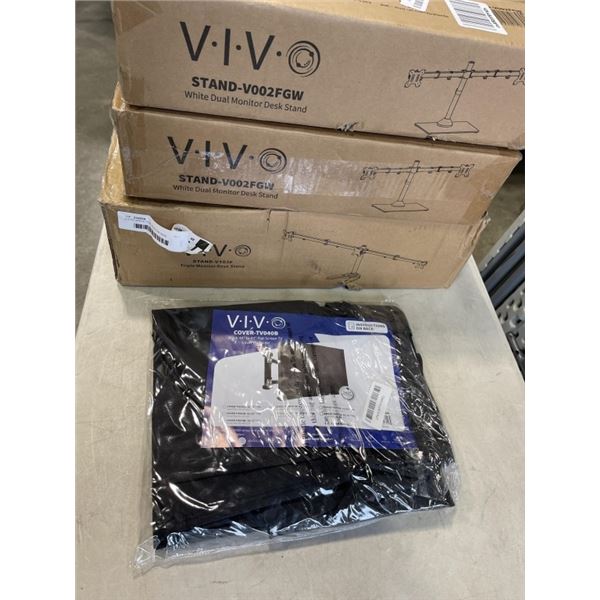 2 VIVO WHITE DUAL MONITOR DESK STANDS, VIVO TRIPLE MONITOR DESK STAND, AND VIVO BLACK 40" TO 43" FLA