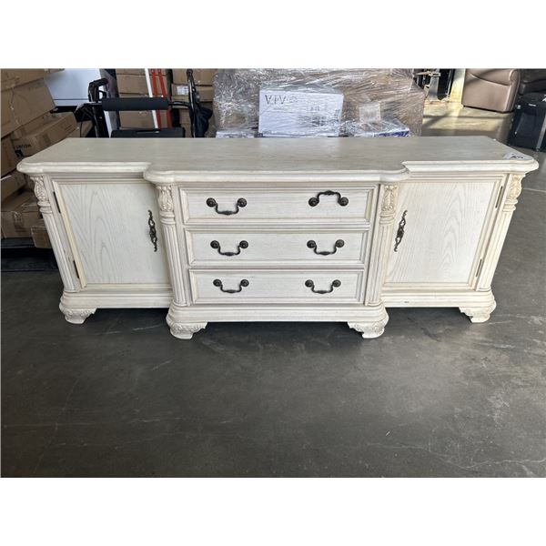 HIGHLY CARVED ANTIQUE WHITE EXECUTIVE SERVING CABINET