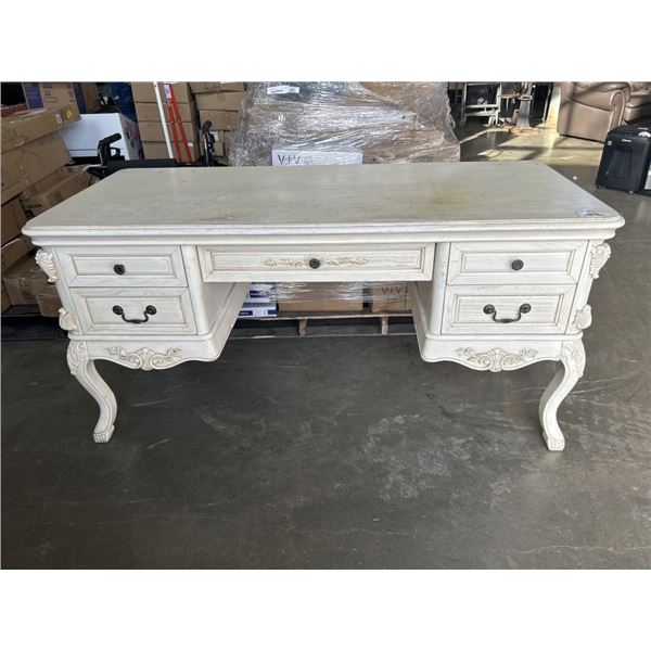 HIGHLY CARVED ANTIQUE WHITE EXECUTIVE PEDESTAL DESK