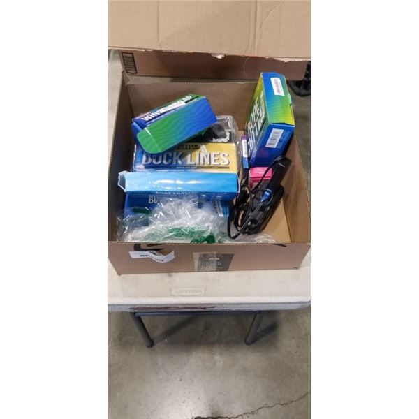 TRAY OF BETTER BOAT ITEMS INCLUDING 2 HOT KNIFE ROPE CUTTING GUNS, WINCH STRAPS, DOCK LINES ETC