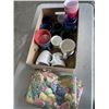 Image 1 : TRAY OF KITCHEN MUGS, PLASTIC CUPS, PATIO TABLE CLOTH WITH UMBRELLA HOLE