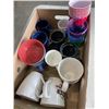 Image 2 : TRAY OF KITCHEN MUGS, PLASTIC CUPS, PATIO TABLE CLOTH WITH UMBRELLA HOLE