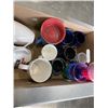 Image 3 : TRAY OF KITCHEN MUGS, PLASTIC CUPS, PATIO TABLE CLOTH WITH UMBRELLA HOLE