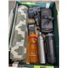 Image 1 : TRAY OF HOUSEHOLD ITEMS INCLUDING 3 WATER BOTTLES, AMBICO VIEO CASETTE REWINDER, TEXAS INSTRUMENTS T