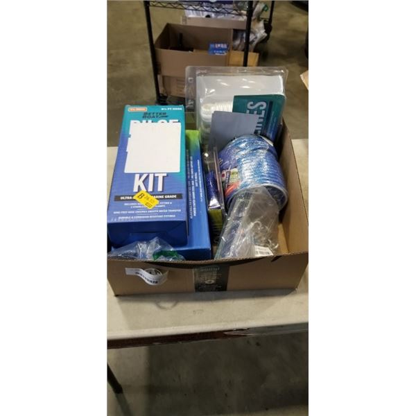 TRAY OF BETTER BOAT ITEMS INCLUDING CLAMP ON SWIVEL BOAT SEAT, BILGE PUMP HOSE KIT, DOCK LINES, ANCH