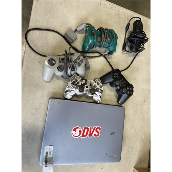 ACER CHROMEBOOK LAPTOP, PASSWORD LOCKED, AND ASSORTED PS CONTROLLERS