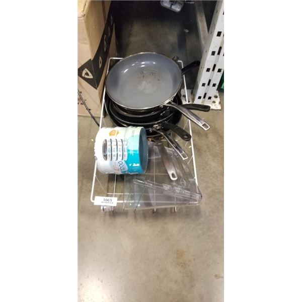 WIRE CAGE, DOCUMENT HOLDERS WITH FRYING PANS AND WOK