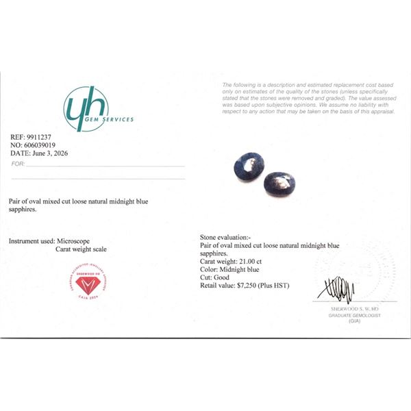 21 CT CERTIFIED MIDNIGHT BLUE SAPPHIRE GEMSTONE PAIR ($7,250 APPRAISAL)