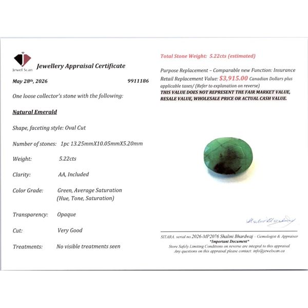 5.22 CT CERTIFIED EMERALD GEMSTONE ($3,915 APPRAISAL)