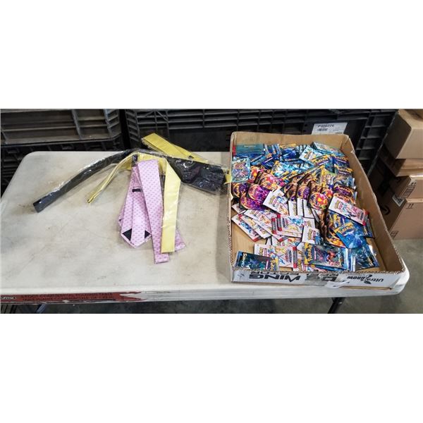 ASSORTED UNAUTHENTIC POKEMON CARDS AND NEW TIES