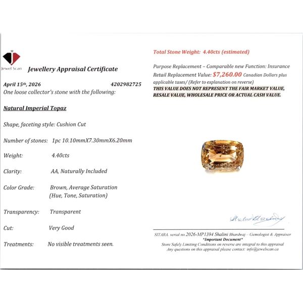 4.4 CT CERTIFIED BROWN TOPAZ GEMSTONE ($7,260 APPRAISAL)