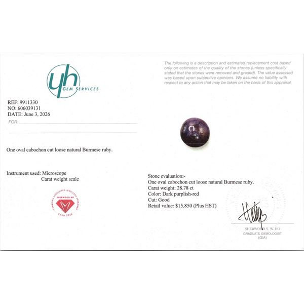 28.78 CT CERTIFIED BURMESE STAR RUBY GEMSTONE UNTREATED ($15,850 APPRAISAL)