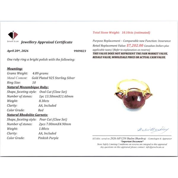4.89 CT CERTIFIED SILVER RUBY / GARNET GEMSTONE RING ($7,202 APPRAISAL)