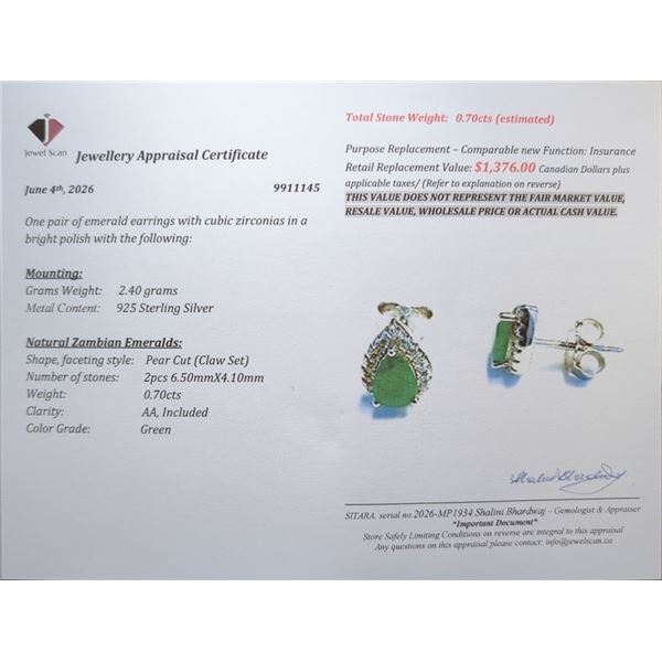 2.4 CT CERTIFIED SILVER EMERALD GEMSTONE EARRINGS ($1,376 APPRAISAL)