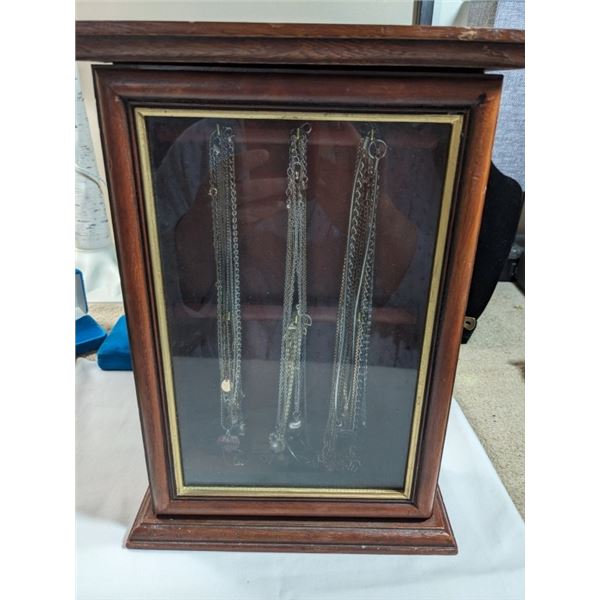 HANGING WOOD WALL CABINET W/ MISC NECKLACES AND BRACELETS