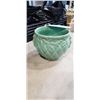 Image 2 : VINTAGE MCCOY-TEAL/GREEN GLAZE QUILTED LEAF JARDINIERE. NO CRACKS OR HAZING