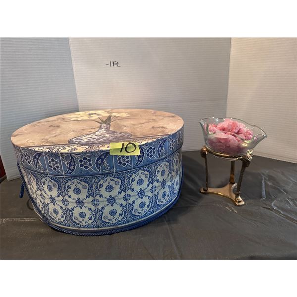 Hat box and beautiful glass dish on stand