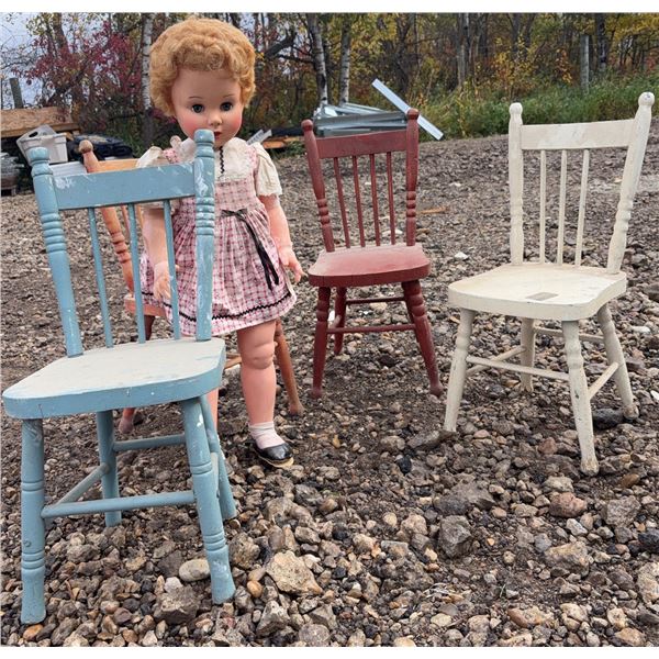 Large Vintage Doll With Pink Plaid Dress And Three Painted Wooden Children's Chairs