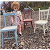 Image 1 : Large Vintage Doll With Pink Plaid Dress And Three Painted Wooden Children's Chairs