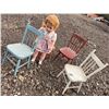 Image 2 : Large Vintage Doll With Pink Plaid Dress And Three Painted Wooden Children's Chairs