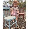 Image 3 : Large Vintage Doll With Pink Plaid Dress And Three Painted Wooden Children's Chairs