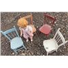 Image 4 : Large Vintage Doll With Pink Plaid Dress And Three Painted Wooden Children's Chairs