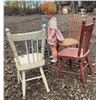 Image 5 : Large Vintage Doll With Pink Plaid Dress And Three Painted Wooden Children's Chairs