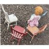 Image 6 : Large Vintage Doll With Pink Plaid Dress And Three Painted Wooden Children's Chairs
