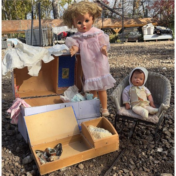 Mid-20th Century Doll Lot with Large Doll, Baby Doll, Wicker Pram, and Clothing Trunk